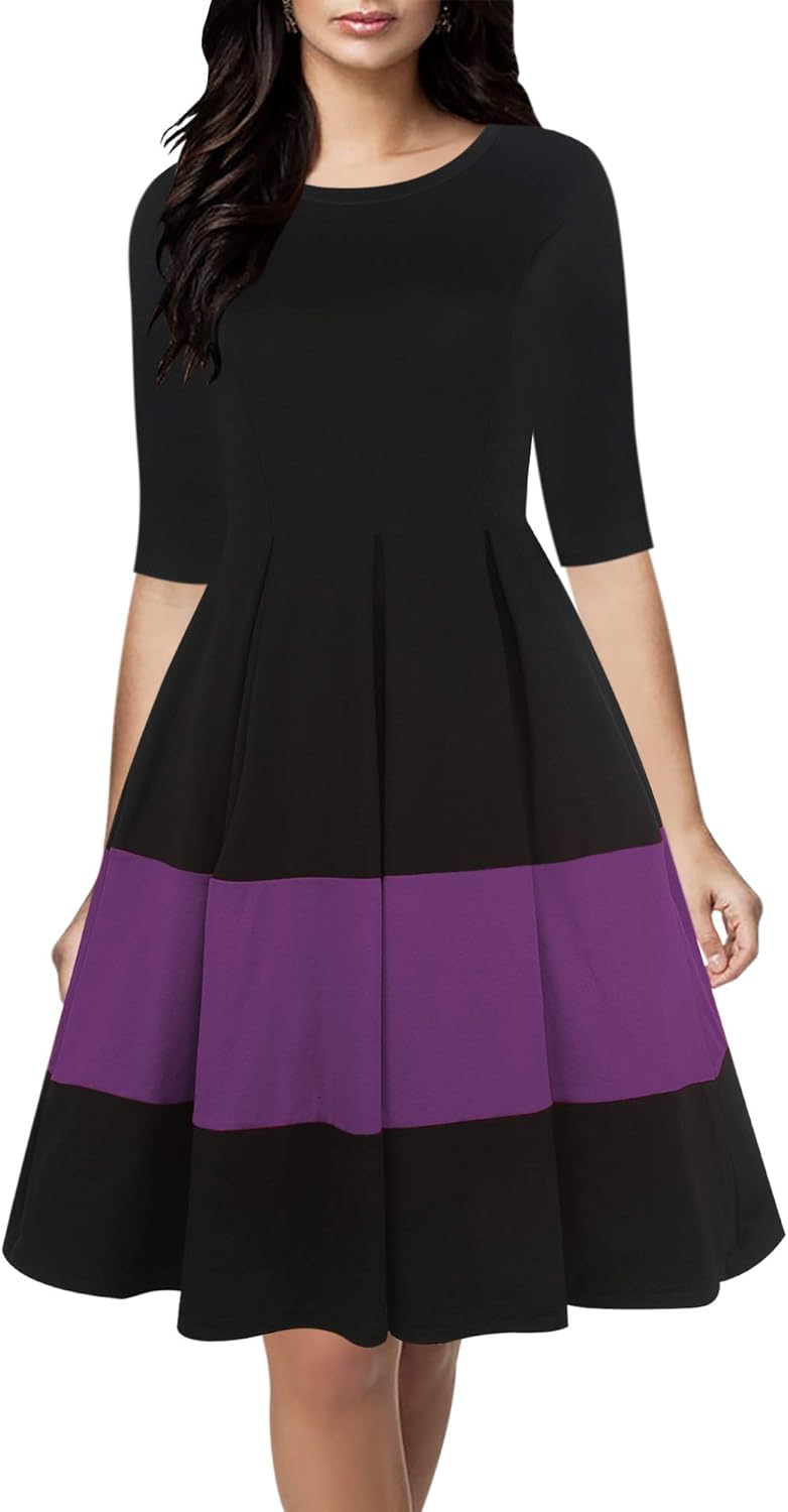 Oxiuly Women's Vintage Half Sleeve O-Neck Casual Swing Dress