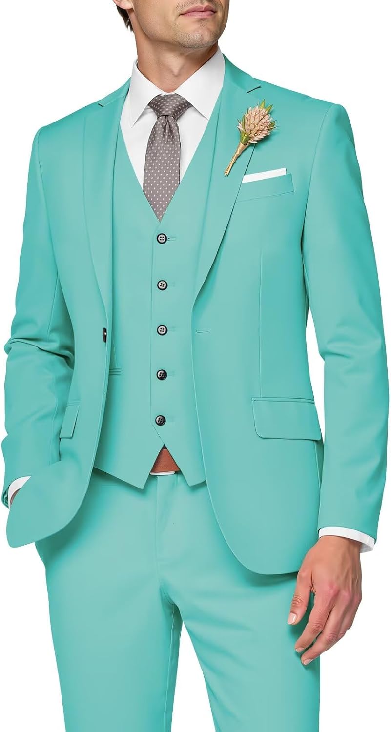 Elegant 3 Piece Slim Fit Wedding Suit for Men in Olive Mint Green