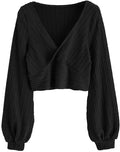 ZAFUL Ribbed Cropped Knit V-Neck Long Sleeve Top - Flattering Everyday