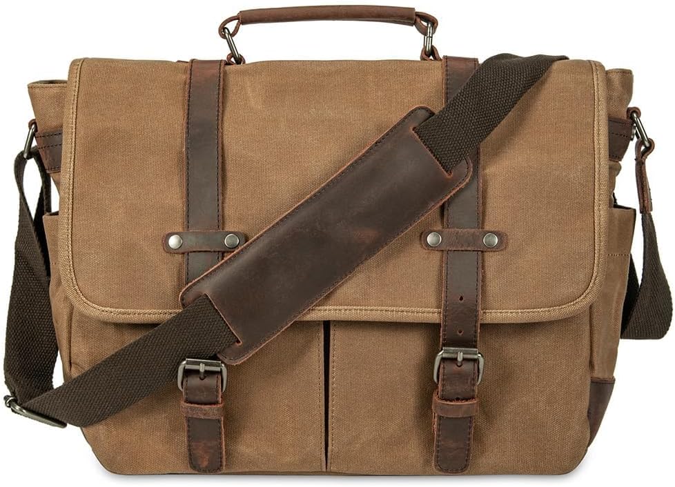 Vintage Genuine Leather Waxed Canvas Briefcase for 15.6 in Laptop