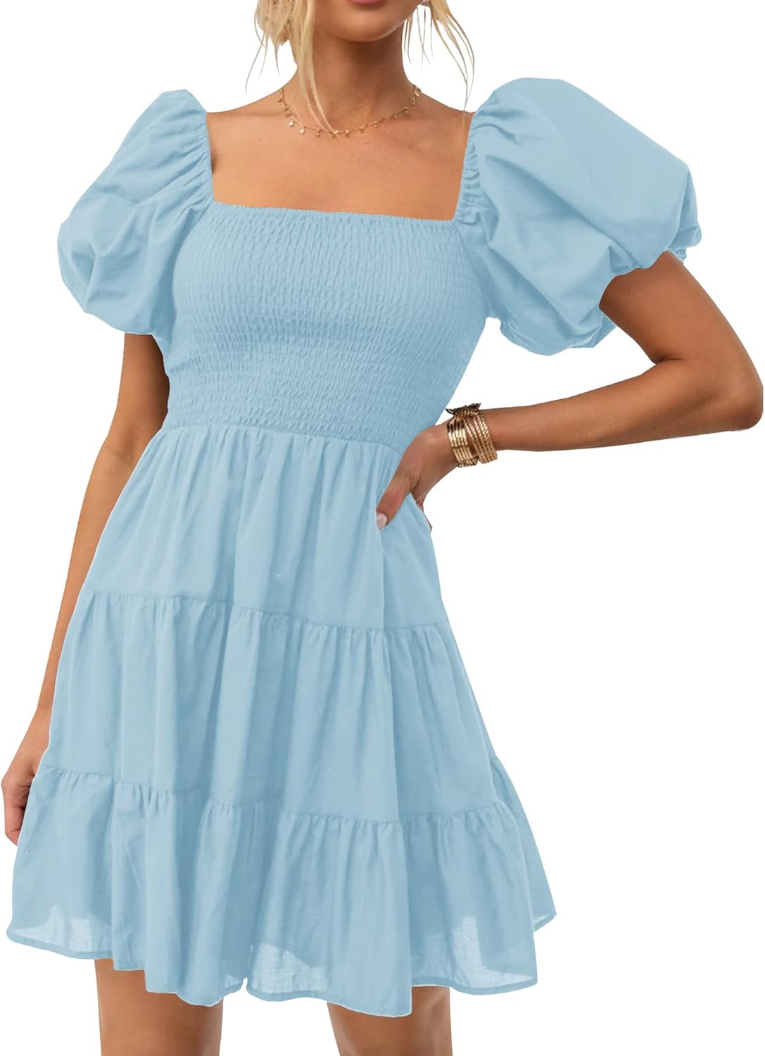 ZESICA Women's Boho Summer Square Neck Puff Sleeve Mini Dress