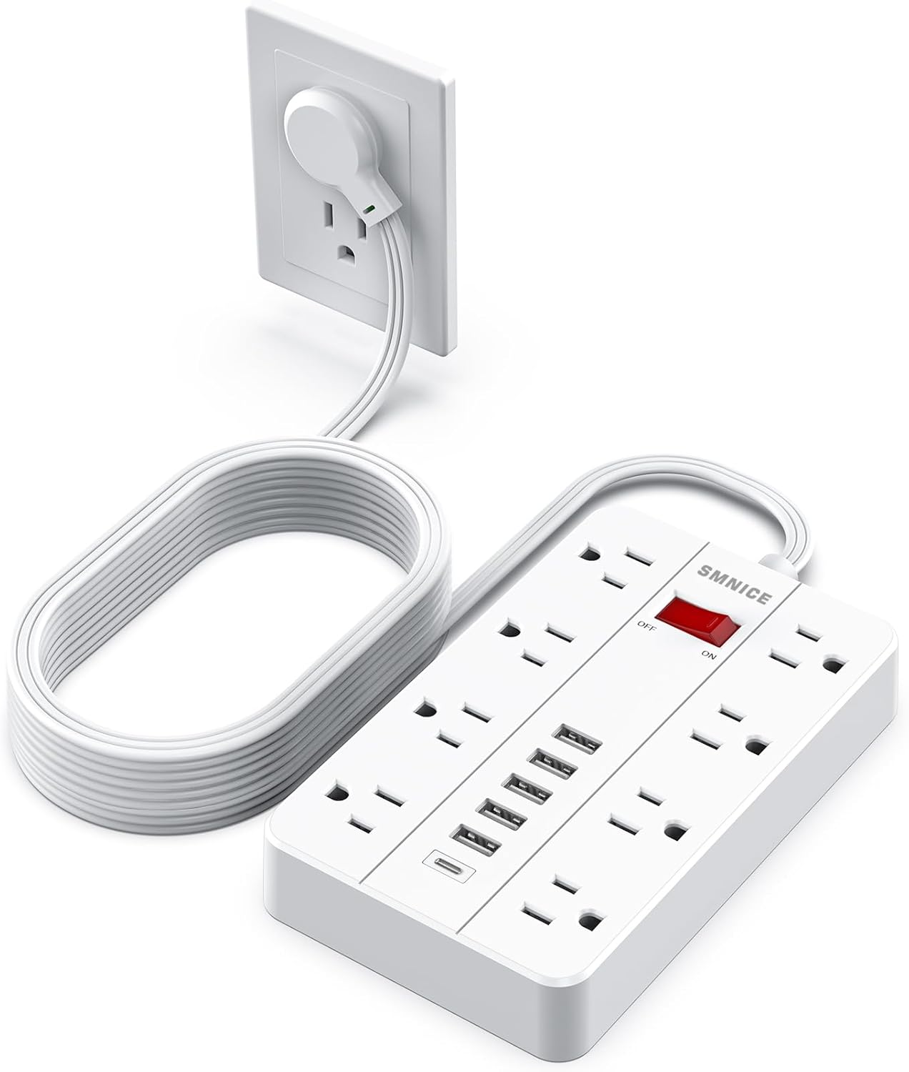 Flat Plug Extension Cord 15 Ft with 8 Outlets and USB Ports