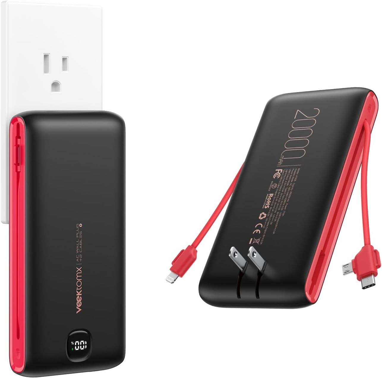 VEEKTOMX Portable Charger with Built-in Cables 20000mAh Power Bank