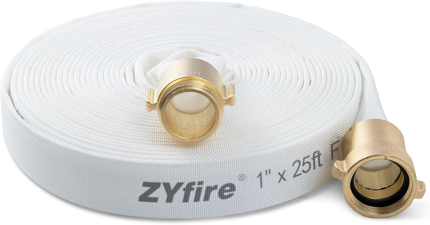 ZYfire 1in ID x 25 FT Fire Hose with Brass Couplings for Firefighting
