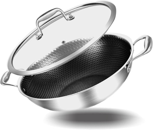 Delarlo Tri-Ply Stainless Steel Wok 13in Nonstick Deep Pan