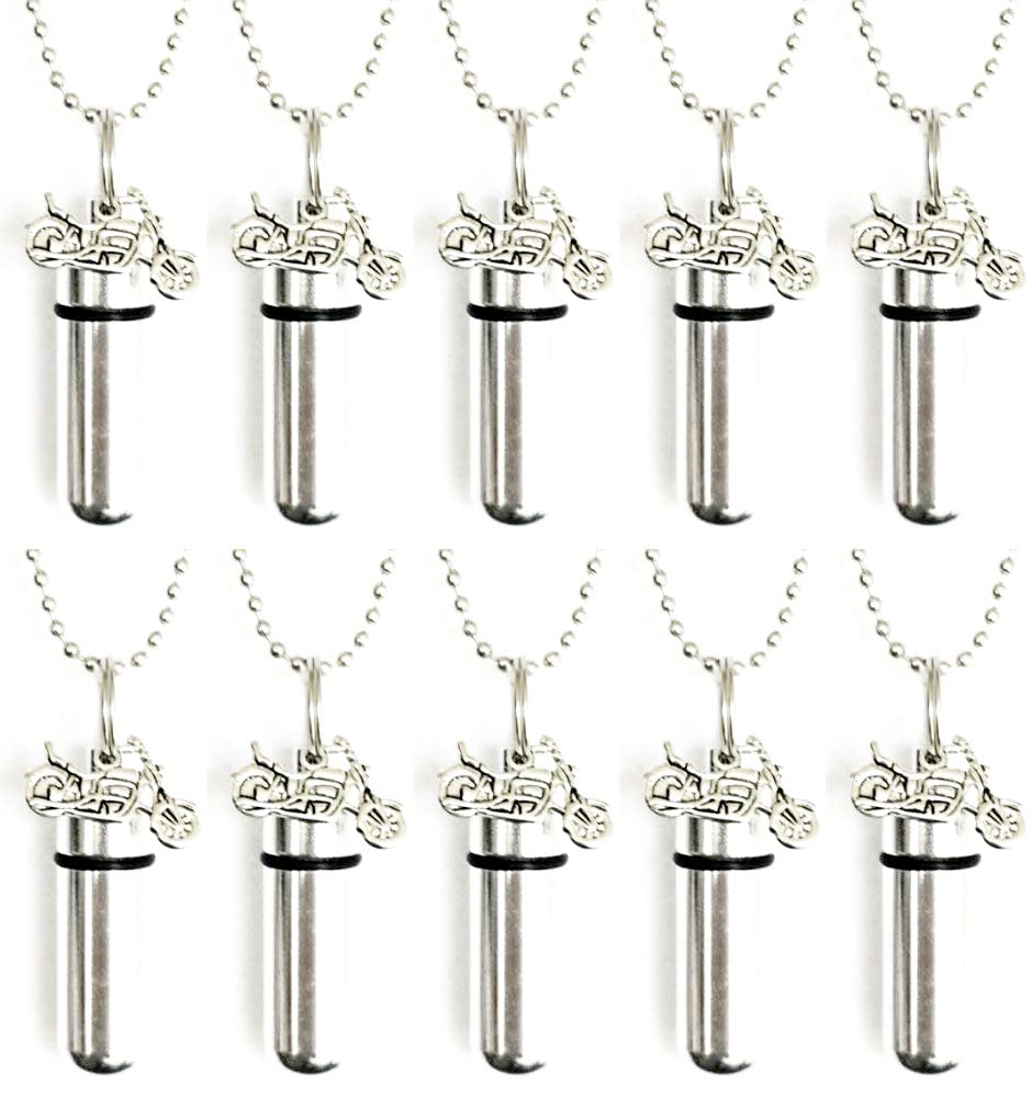 Set of 10 Silver Motorcycle Cremation Urn Necklaces for Keepsakes