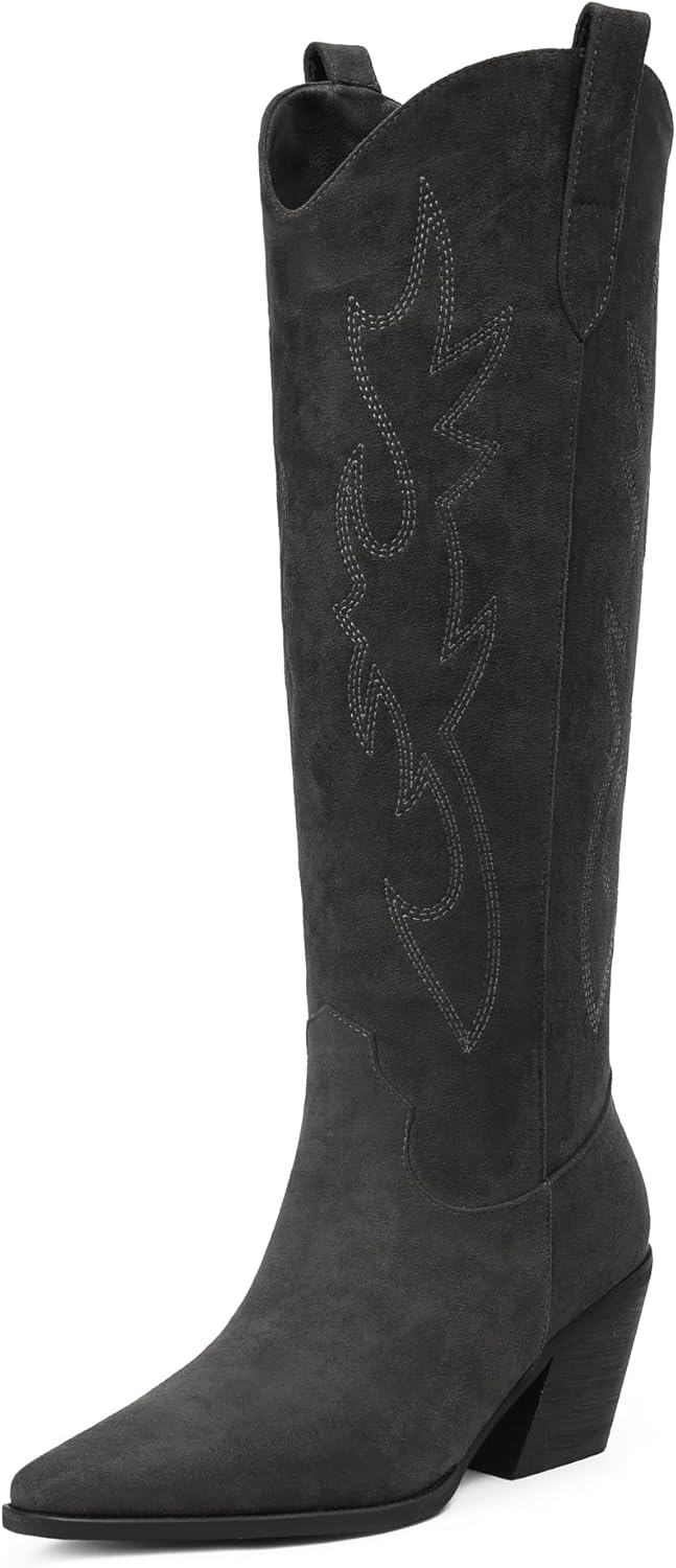 iiimmu Cowgirl Boots Women Knee High Stylish Block Heel Boots