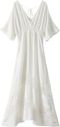Women's Lace Maxi Dress Short Sleeve V Neck - Smocked Boho Fit