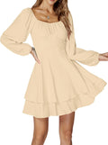LYANER Lantern Long Sleeve Wrap Tie Back Square Neck Mini Dress Casual
