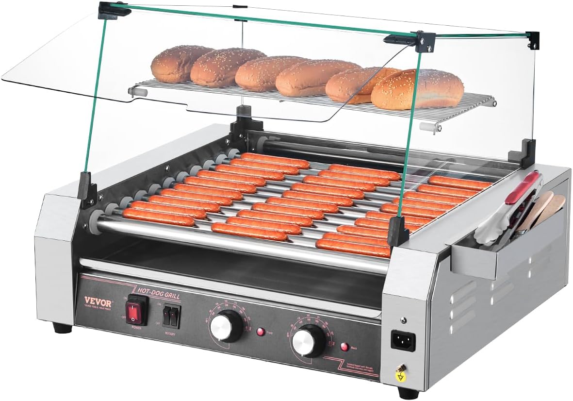 VEVOR Hot Dog Roller Machine with Dual Temp Control & Storage
