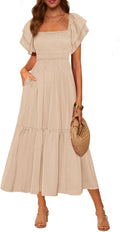 MASCOMODA Womens Summer Midi Dress Square Neck Ruffle Sleeve Women's