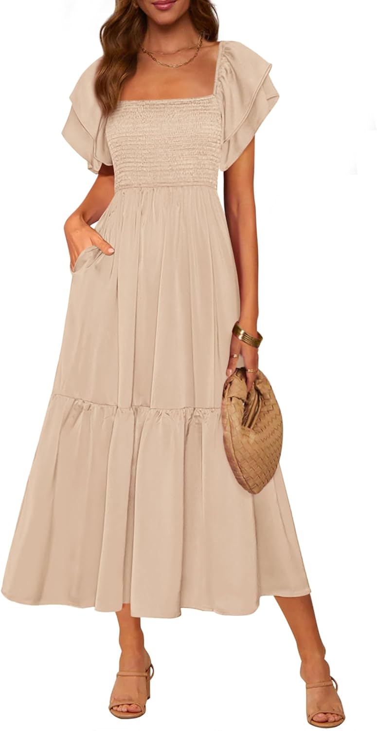MASCOMODA Womens Summer Casual Midi Dress with Ruffle Sleeves