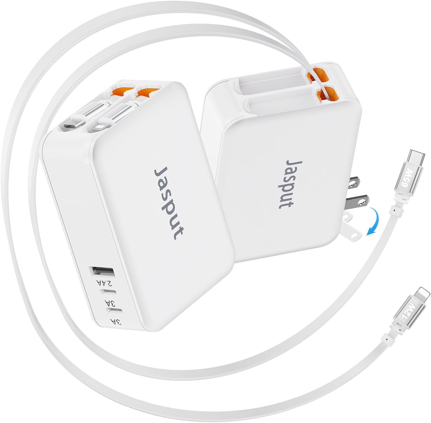 65W Retractable Wall Charger with 3 USB Ports for Fast Charging