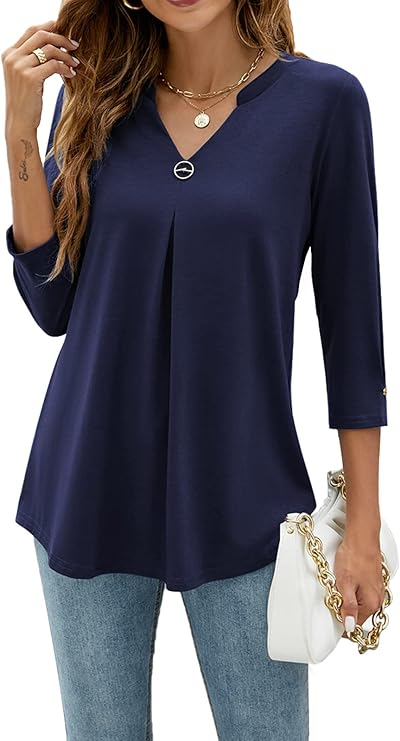 Sherosa Womens V Neck 3/4 Sleeve Shirts for Business Casual Wear