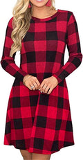 PRIMODA Women's Long Sleeve Buffalo Plaid Midi Swing Dress
