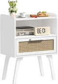 Rattan Nightstand Bedside Table with Drawer and Open Shelf - Boho Wood