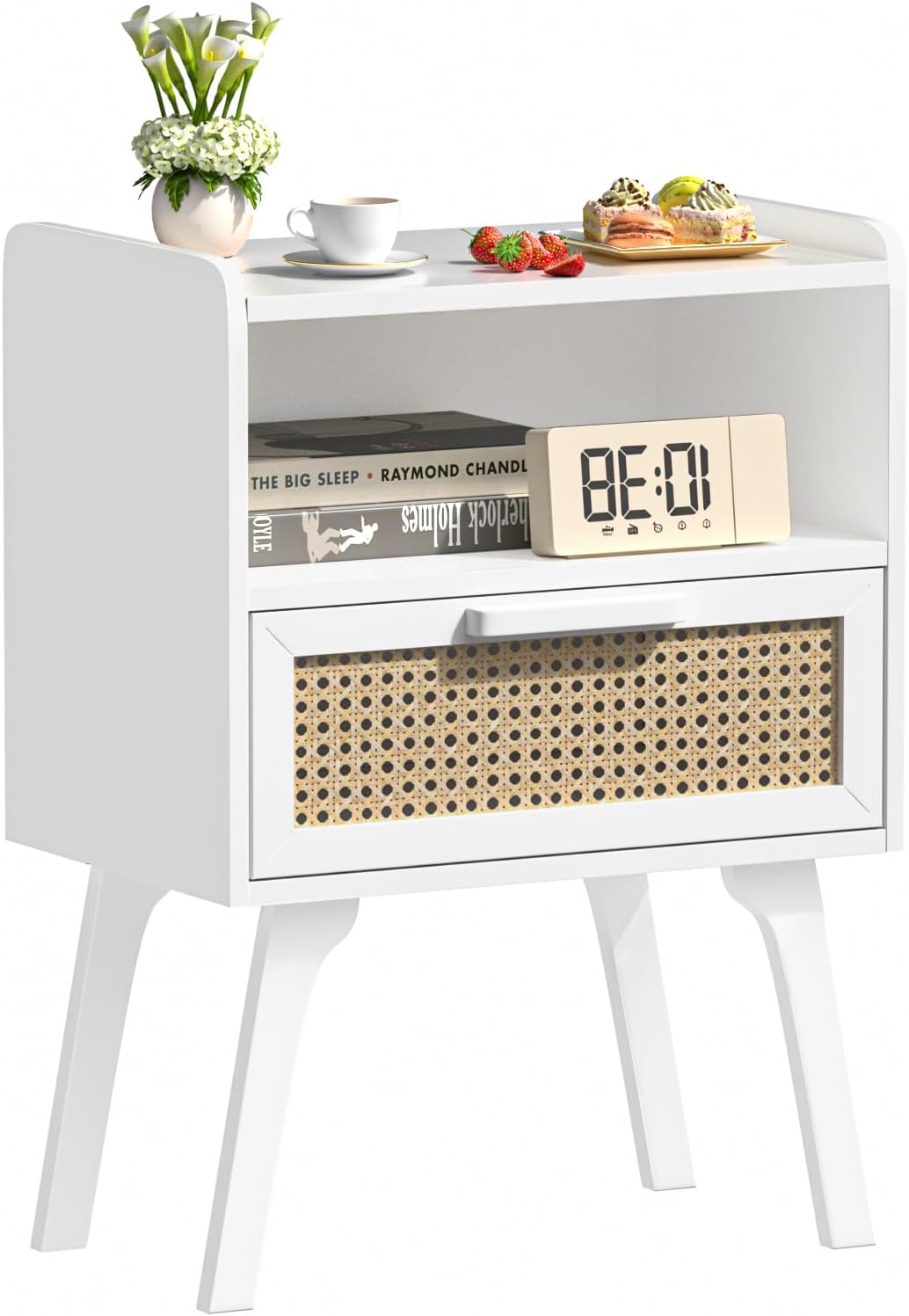 Lerliuo Rattan Nightstand with Drawer and Open Shelf for Storage