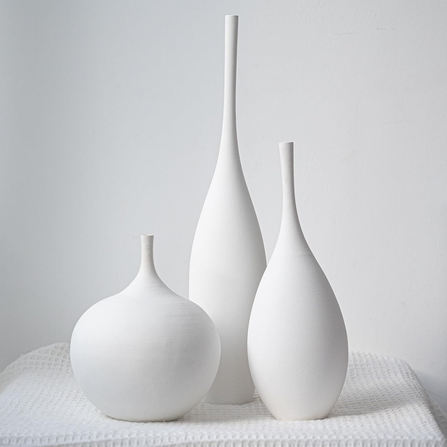 White Ceramic Vase Set of 3 for Modern Boho Home Decor