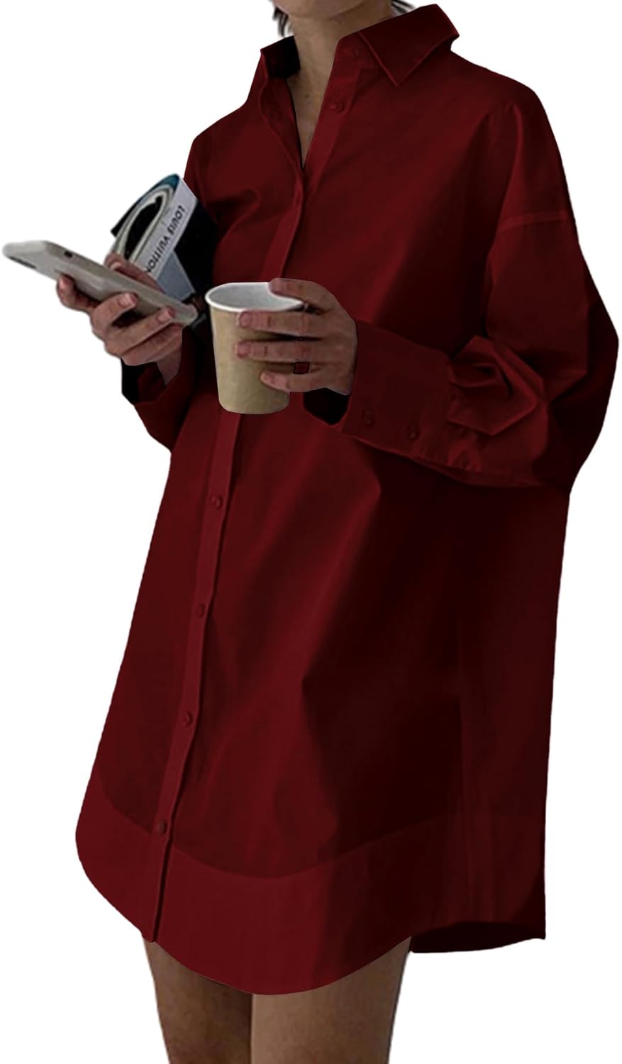 LYANER Women's Casual Shirt Dress with Collar V Neck Design