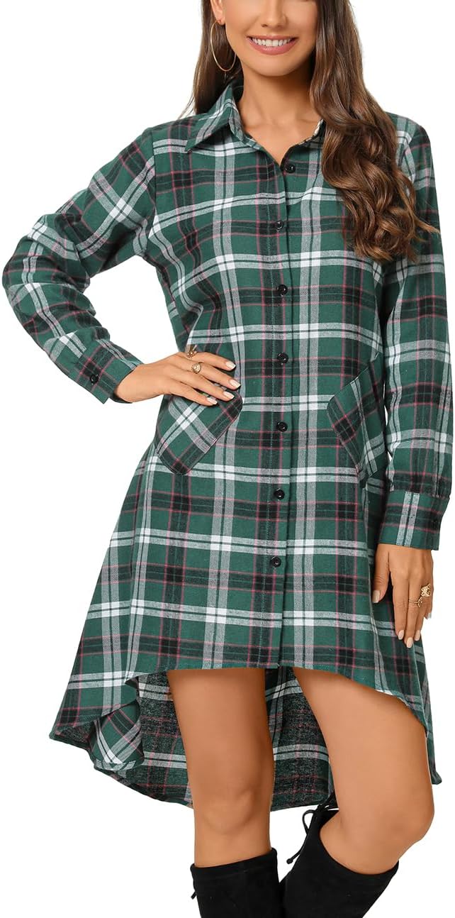 Olrain Womens Plaids V Neck Long Sleeve Casual Shirt Dress