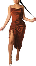 Women's Satin Spaghetti Strap Drawstring Ruched Split Hem Dress