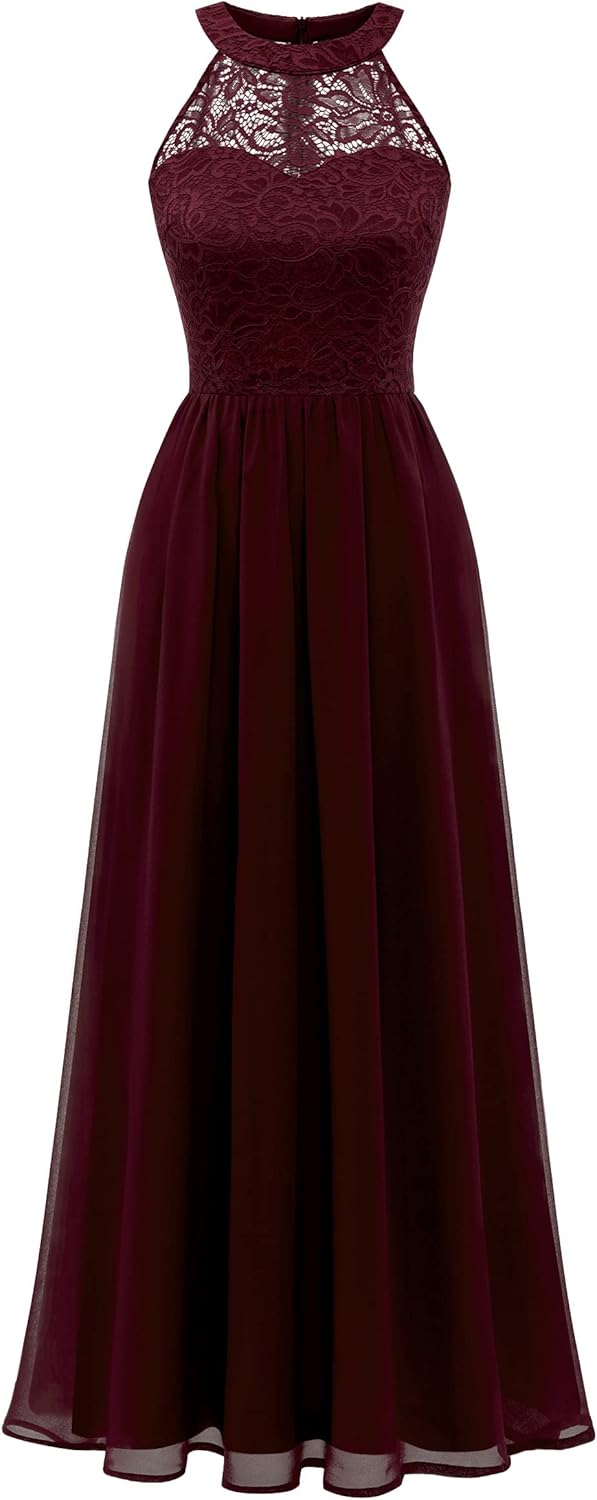 Halter Long Prom Dress for Women - Floral Lace Bridesmaid Dress