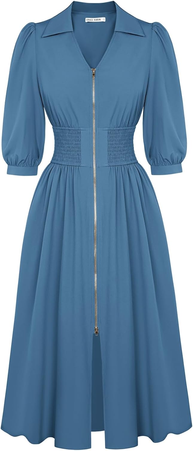 GRACE KARIN Fall Midi Dress: Elegant A Line Smocked Work Dress