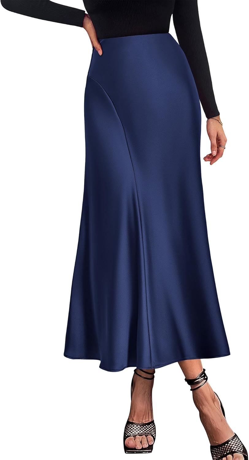 KIRUNDO Women's Satin Elastic High Waisted Maxi Skirt Trendy