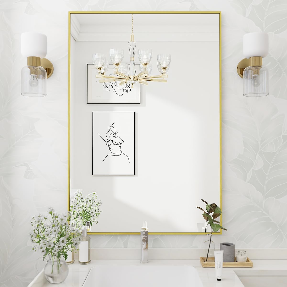 Koonmi Gold Bathroom Mirror, 26x38 Inch Rectangular Design