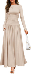 ZESICA Women's Long Sleeve Fall Maxi Dress - Crewneck Knit Pleated