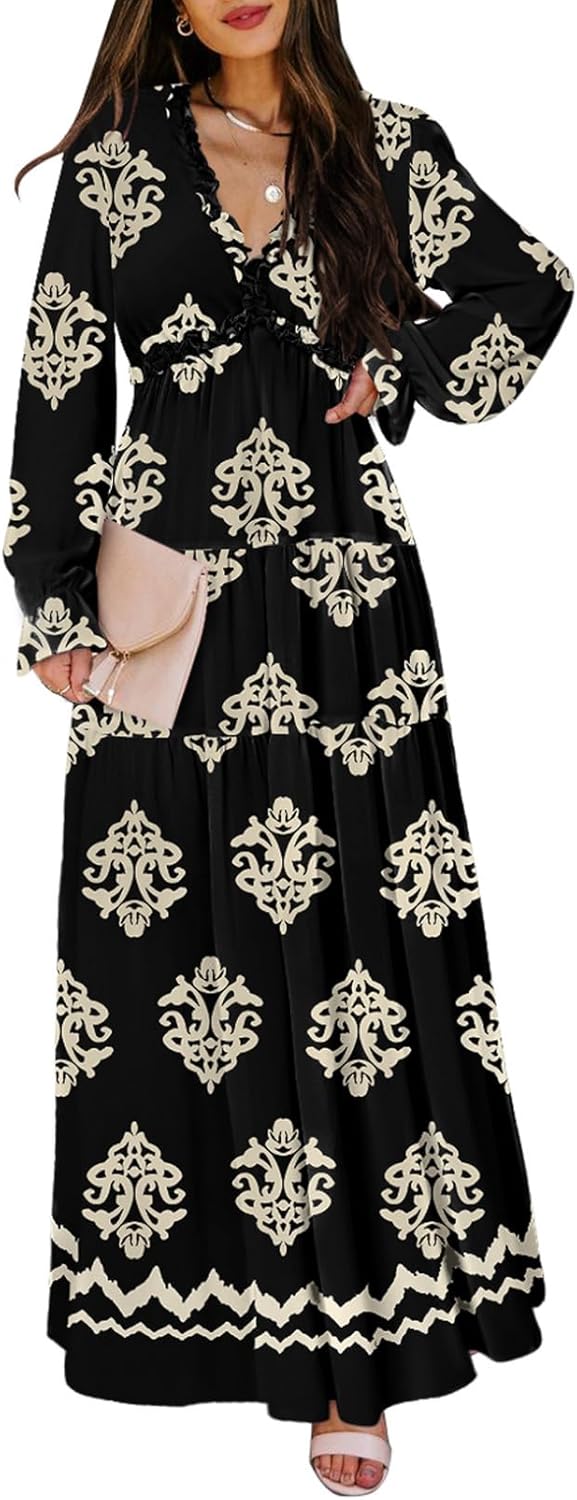 Boho Deep V Neck Short Sleeve Long Dress for Women