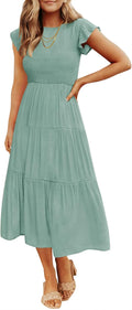 ZESICA Flutter Short Sleeve Smocked Tiered Midi Dress - Flattering