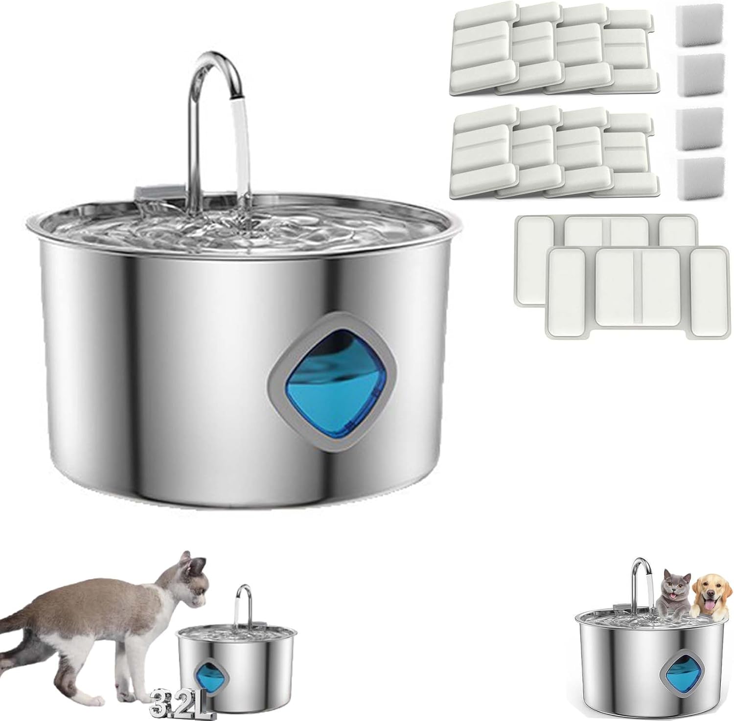 Purrify Stainless Steel Water Fountain for Cats - 3.2L Capacity
