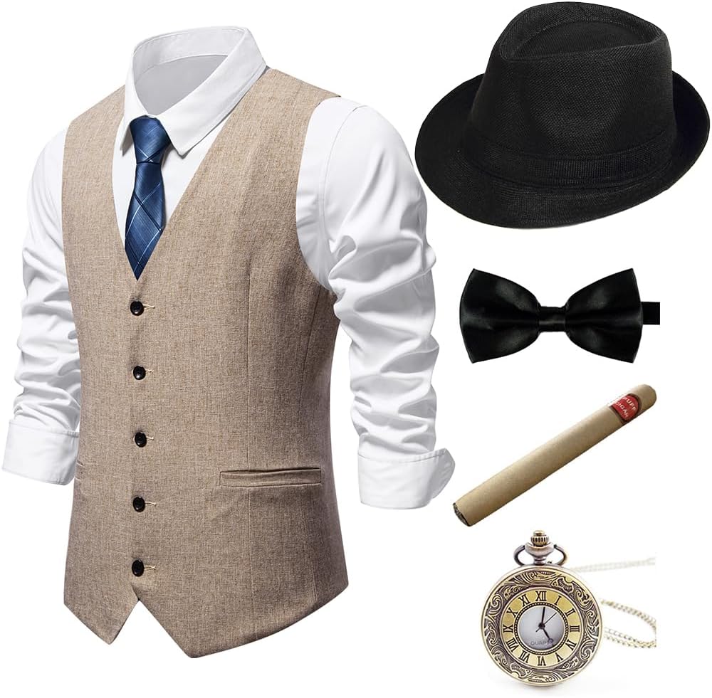 Gatsby Gangster Vest Fedora Hat Suspenders Bow Tie Set for Men