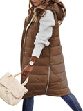 Long Puffer Vest Women Quilted Hooded Vest Zip Up Sleeveless - Warm