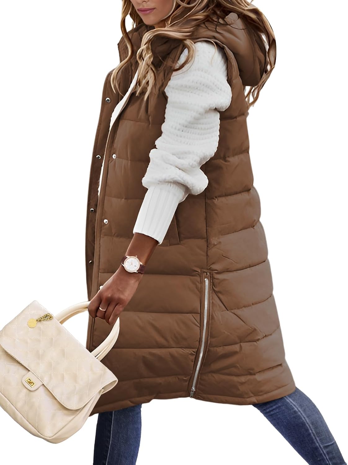 Long Puffer Vest for Women - Quilted Hooded Sleeveless Jacket