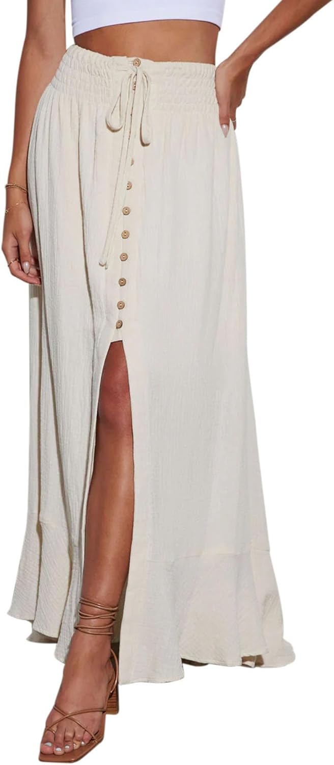 Minclouse Women's Elastic Tie Waist Maxi Skirt for Summer Style