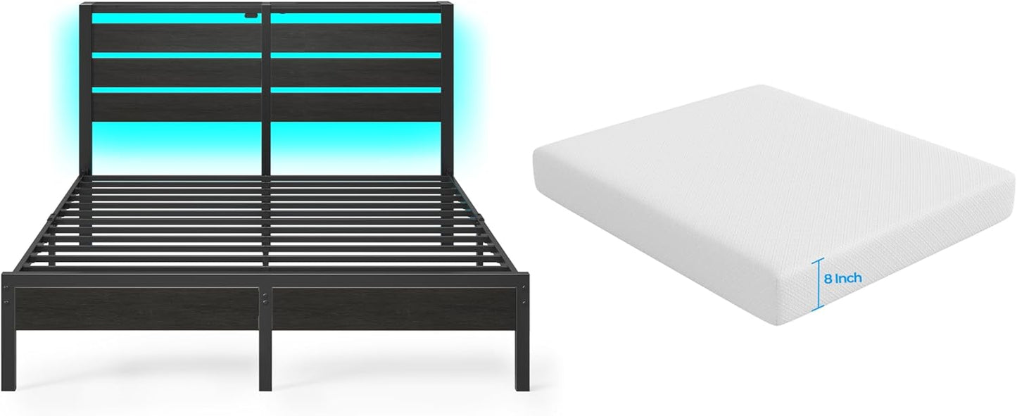 Rolanstar Queen Size Bed Frame with LED and Charging Station