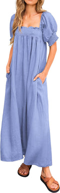 Summer Maxi Dress Women 2025 Square Neck Puff Sleeve - Flowy Comfort