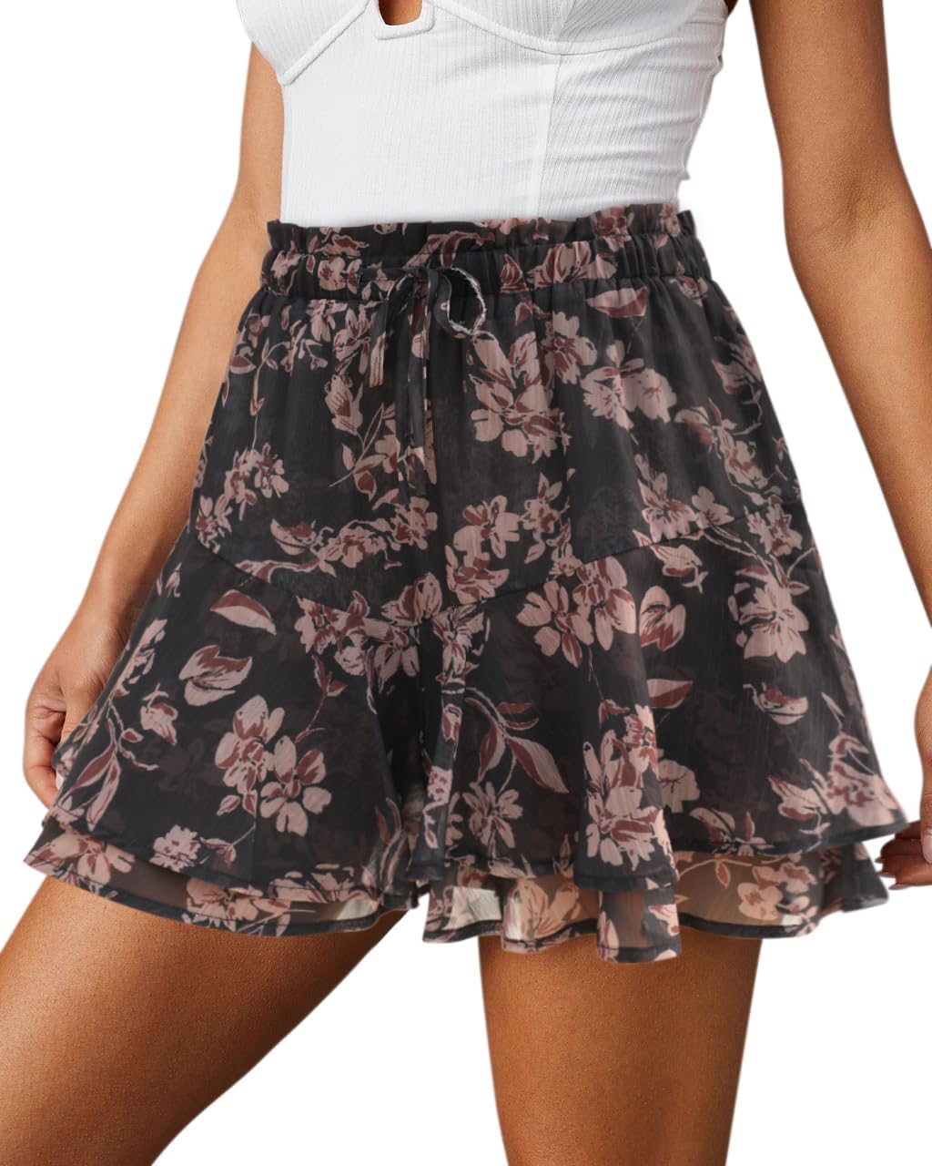 Flowy Shorts for Women Casual Boho Floral Skorts Ruffle Mini
