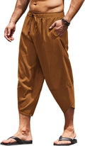 Men's Linen Harem Capri Pants - Lightweight Loose 3/4 Drawstring