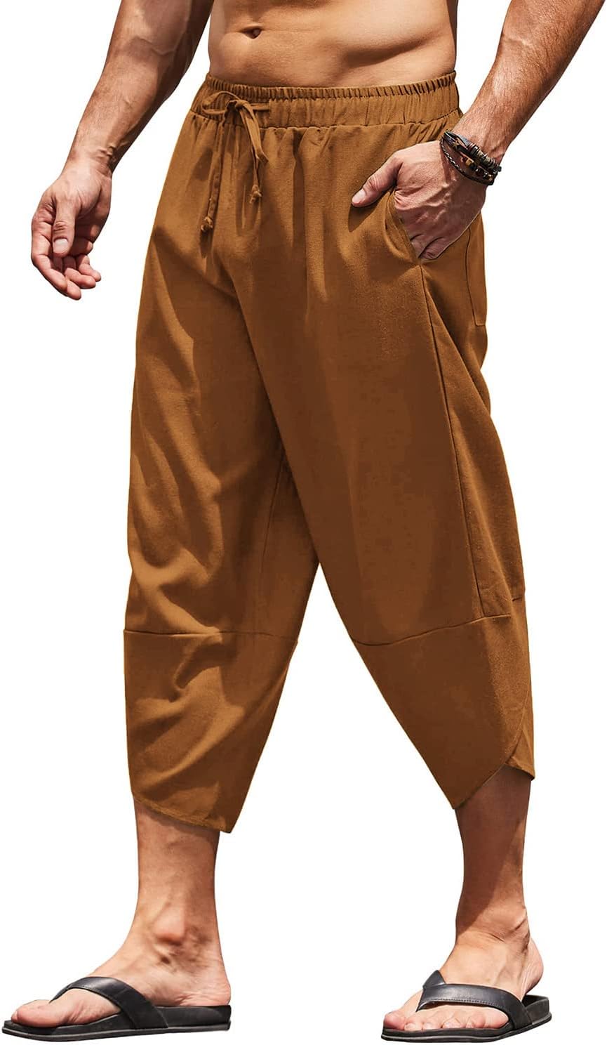 COOFANDY Men's Linen Harem Capri Pants for Casual Comfort