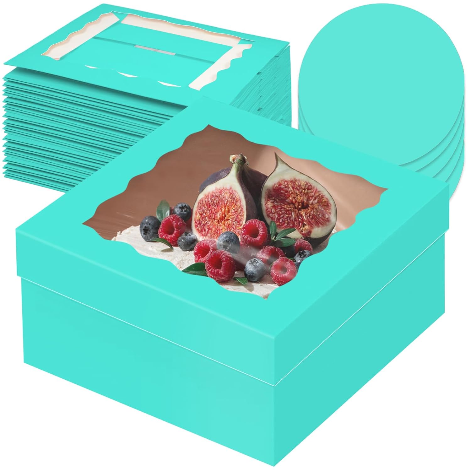 Mint Blue Cake Box Set with Window and Round Boards for Gifts