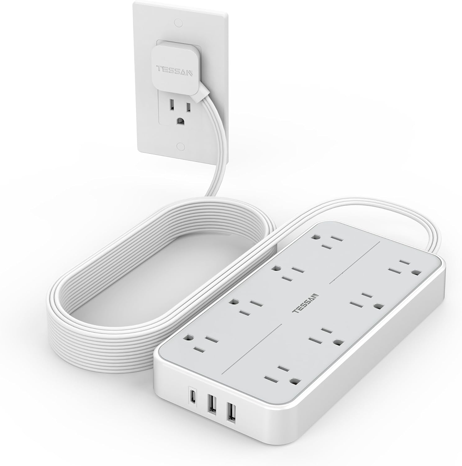 Flat Plug 15 FT Extension Cord with Surge Protection and USB Ports