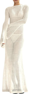 Saodimallsu Crochet Cover Ups Long Sleeve Mesh Backless Maxi Dress