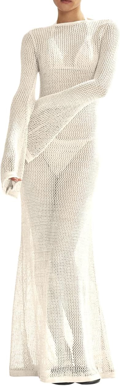 Womens Crochet Cover Ups Long Sleeve Sexy Mesh Backless Dress