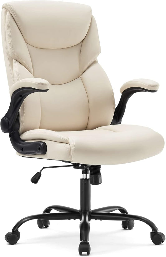 DUMOS Ergonomic Executive Chair - Lumbar Support, Adjustable Armrests, PU Leather - White