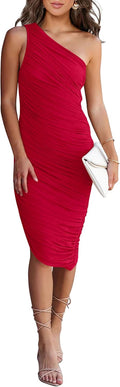 One Shoulder Dresses for Women - Ruched Asymmetrical Midi Bodycon