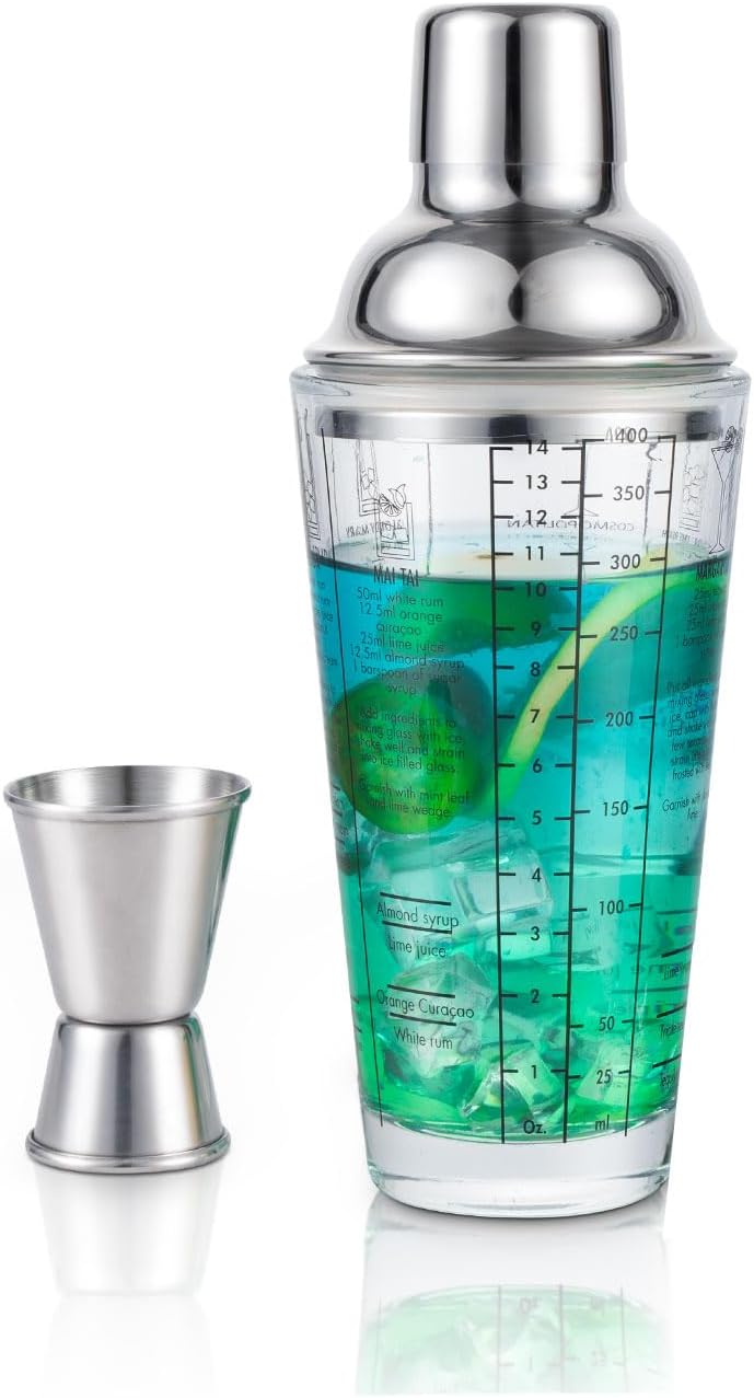 Ailelan 14oz Glass Cocktail Shaker: 6 Recipes, Clear Bottle, Bartender's Essential