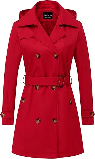 CREATMO US Women's Double-Breasted Trench Coat with Hood